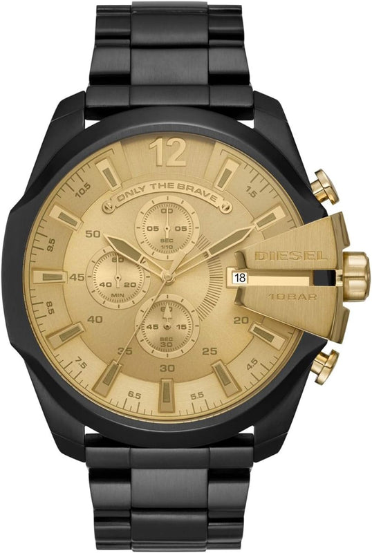 Diesel Mega Chief Chronograph Gold Dial Black Steel Strap Watch For Men - DZ4485