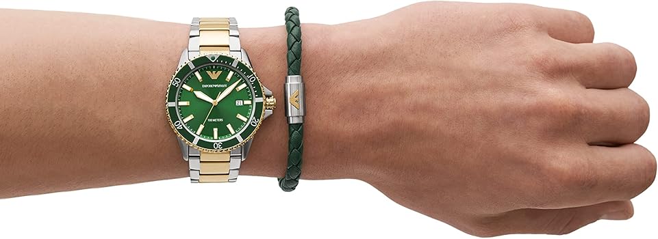 Emporio Armani Diver Chronograph Green Dial Two Tone Steel Strap Watch For Men - AR80063