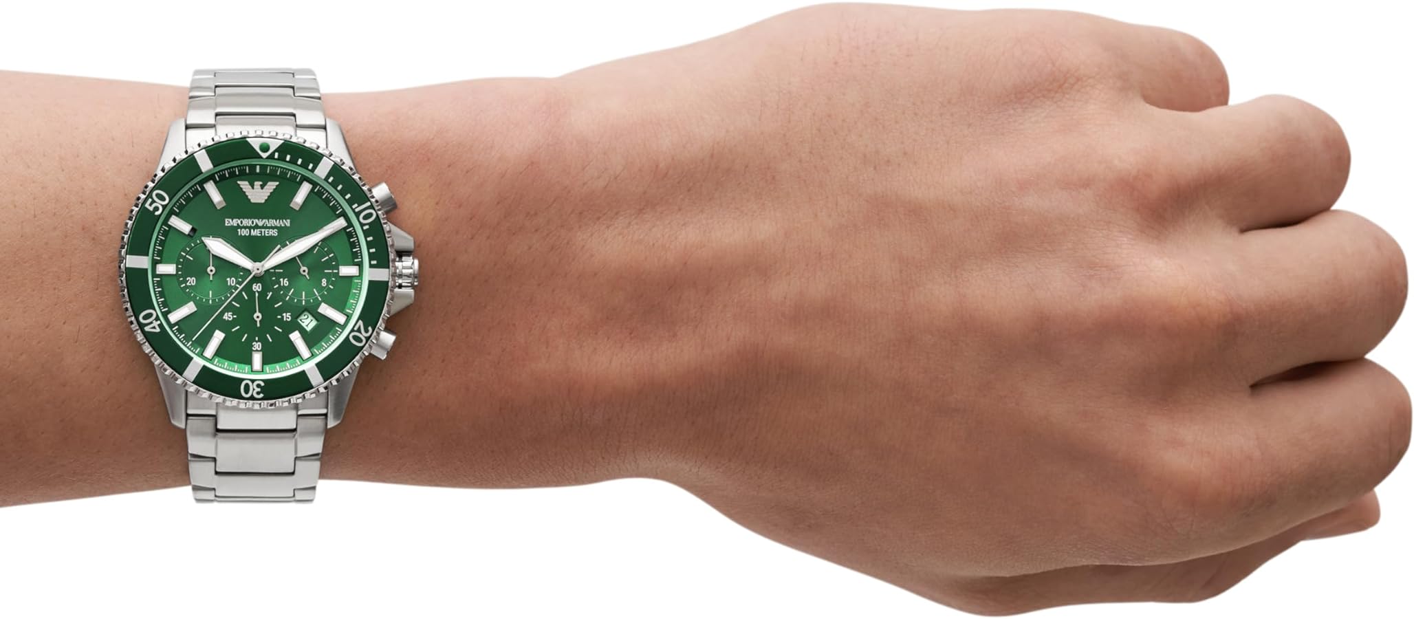 Emporio Armani Diver Chronograph Green Dial Silver Steel Strap Watch For Men - AR11500