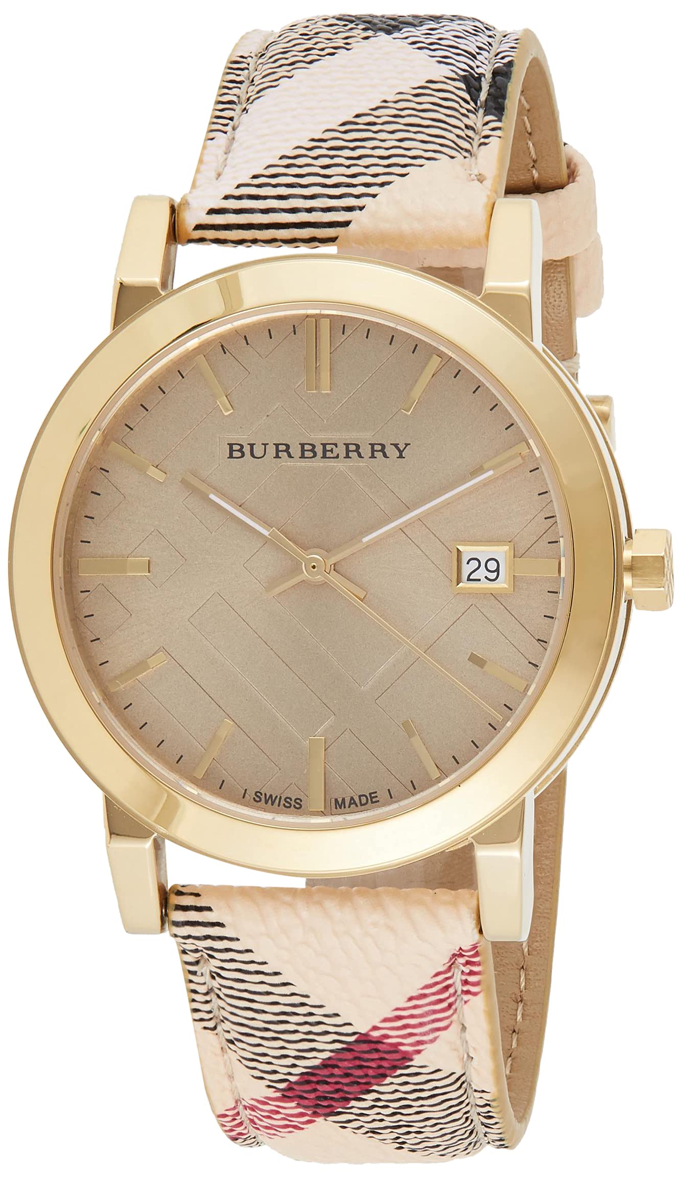 Burberry The City Gold Dial Haymarket Brown Leather Strap Watch for Women - BU9026