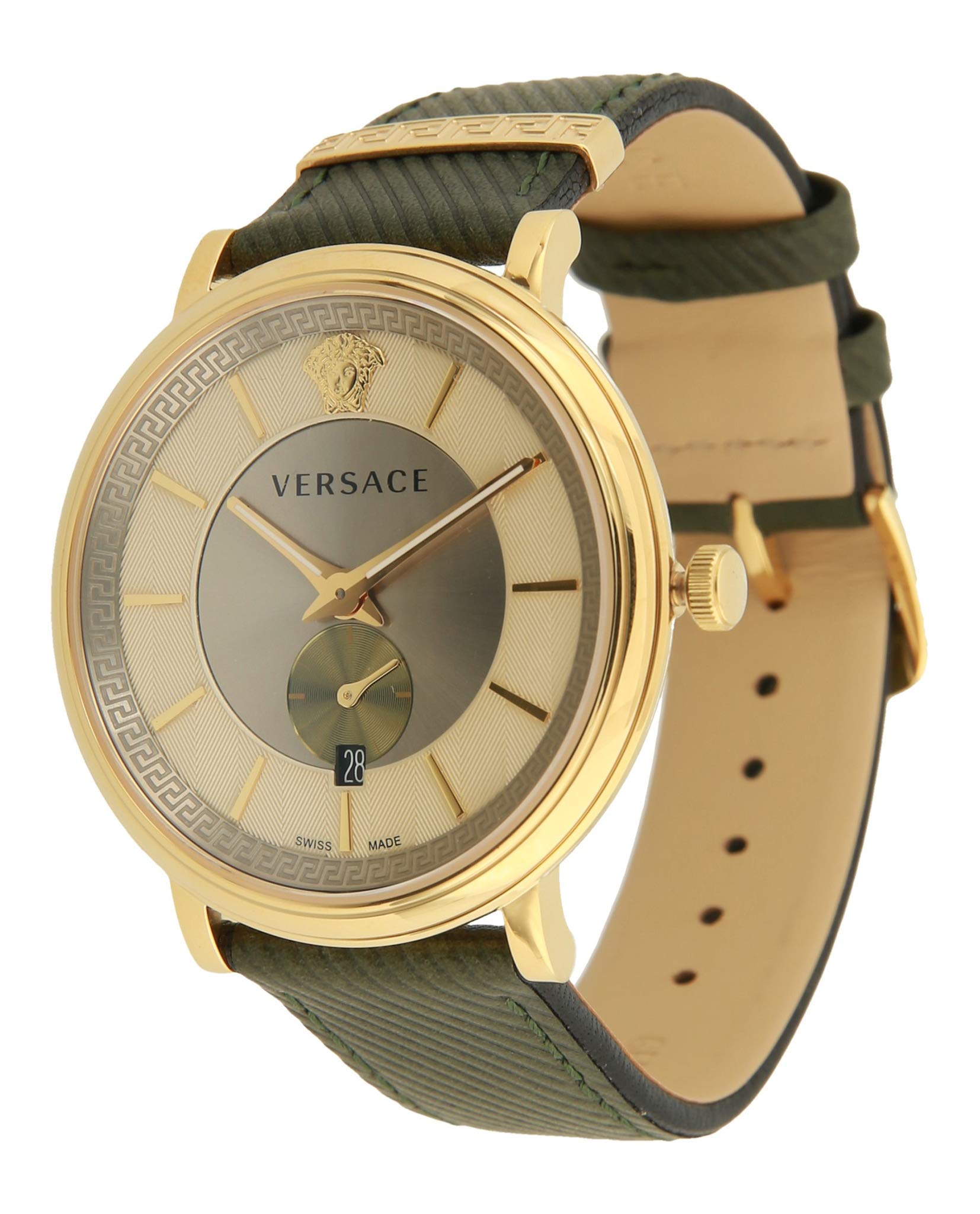 Versace V-Circle Manifesto Gold Dial Black Leather Strap Watch for Men - VBQ030017