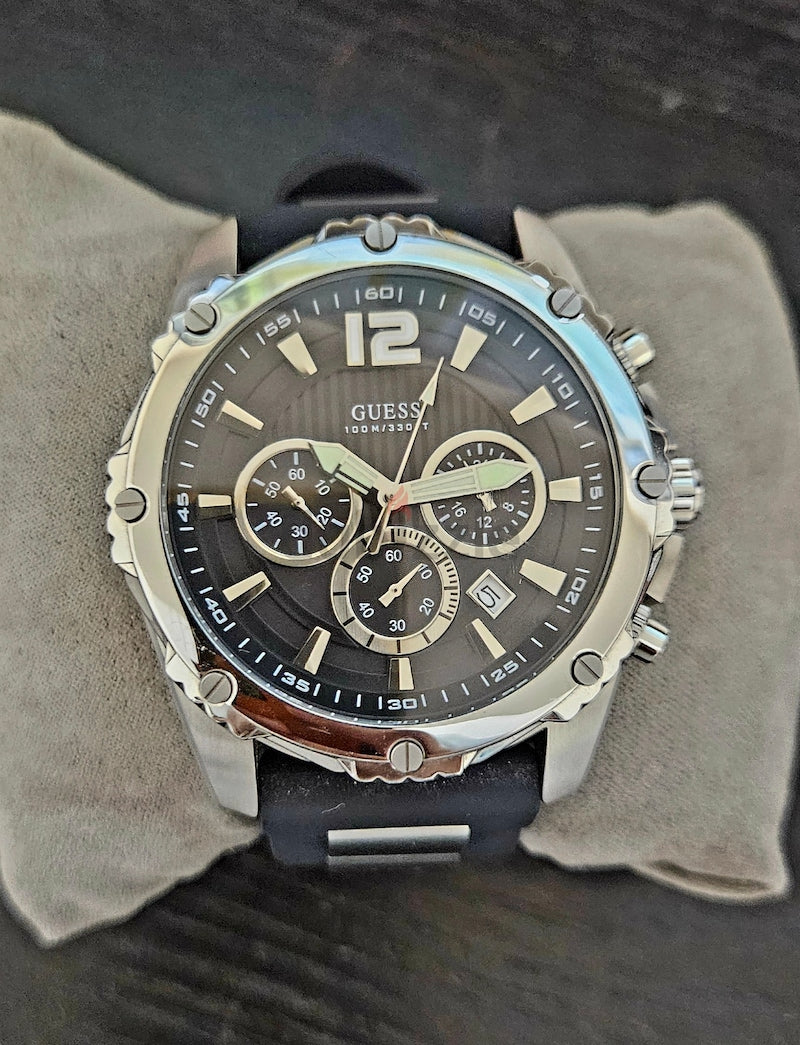 Guess Intrepid Chronograph Black Dial Two Tone Steel Strap Watch for Men - W0167G1