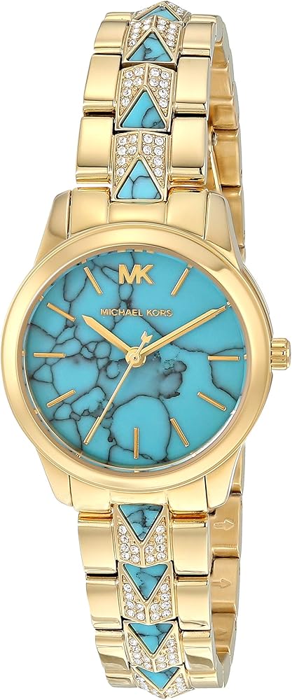 Michael Kors Petite Runway Mercer Blue Dial Gold Steel Strap Watch For Women - MK6673