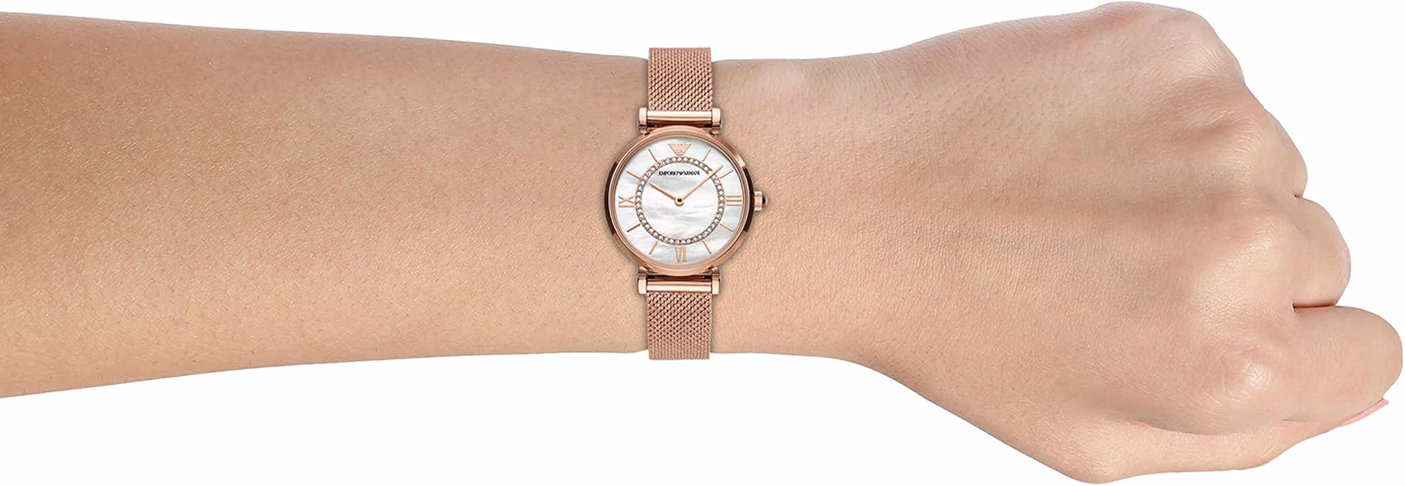 Emporio Armani Gianni T Bar Mother of Pearl Dial Rose Gold Mesh Bracelet Watch For Women - AR11320