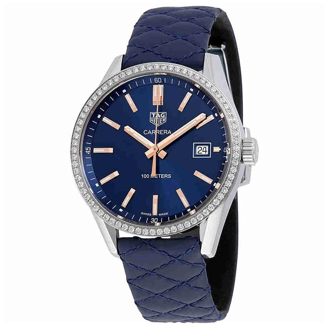 Tag Heuer Carrera Quartz Diamonds Blue Dial Blue Leather Strap Watch for Women - WAR1114.FC6391