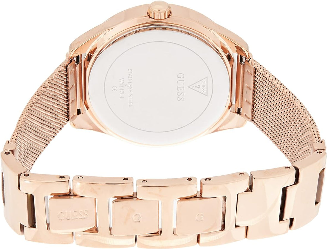 Guess Tri Glitz Quartz Diamonds Rose Gold Dial Rose Gold Mesh Bracelet Watch For Women - W1142L4