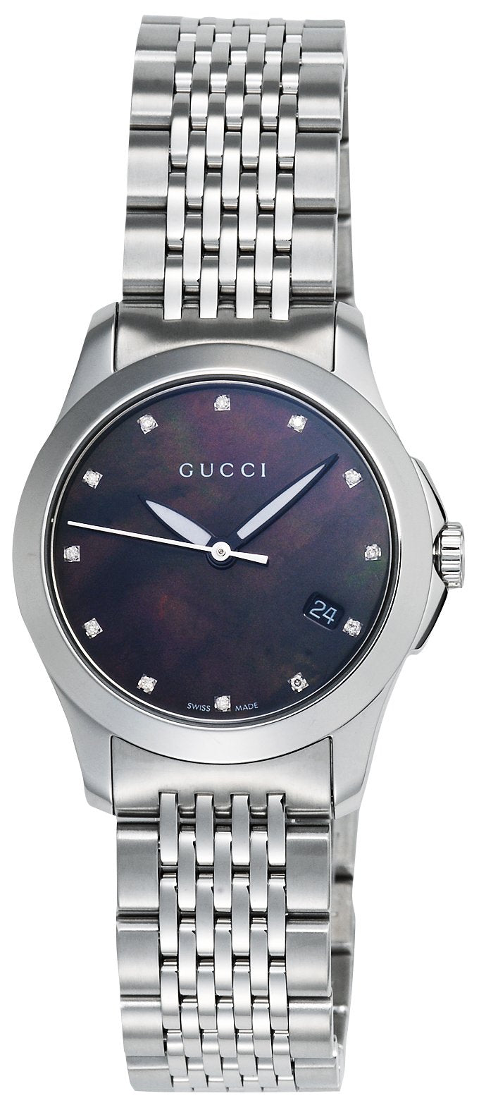 Gucci G Timeless Diamonds Mother of Pearl Black Dial Silver Steel Strap Watch For Women - YA126505