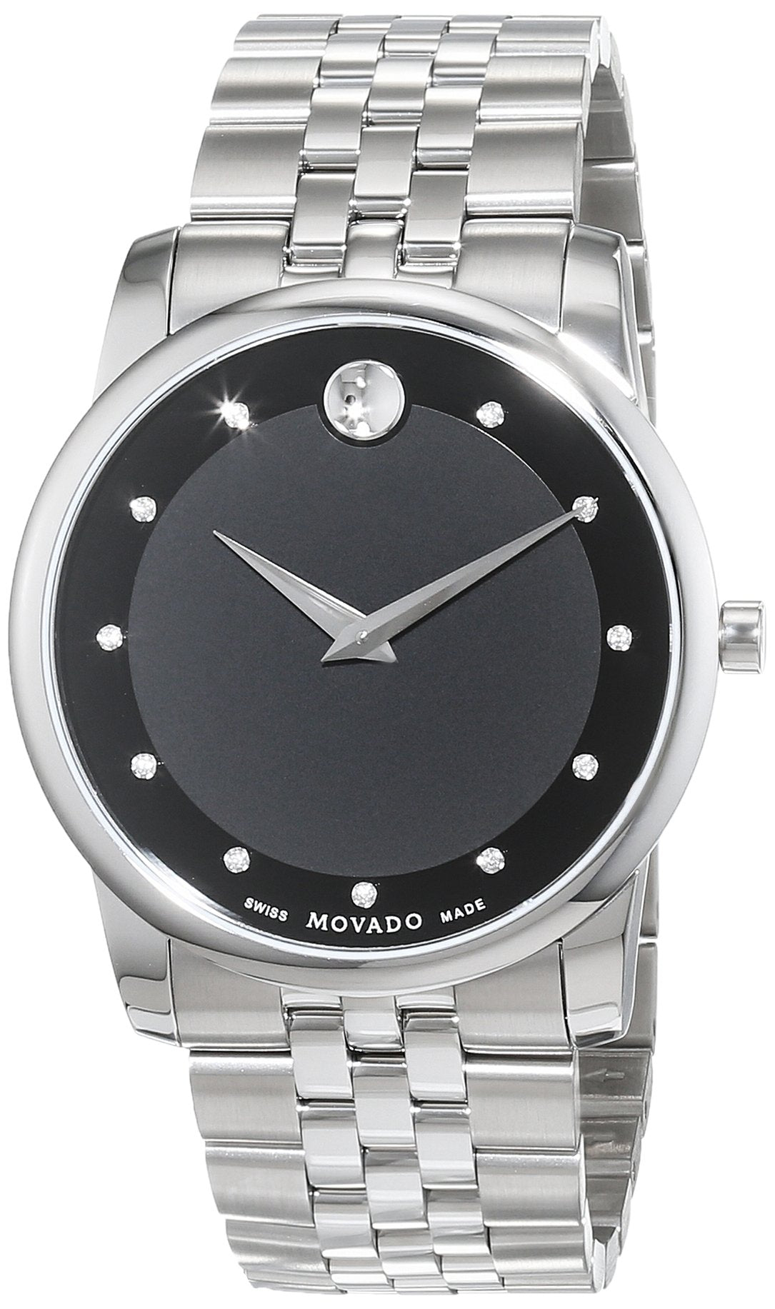 Movado Museum Diamonds Black Dial Silver Steel Strap Watch For Men - 606878