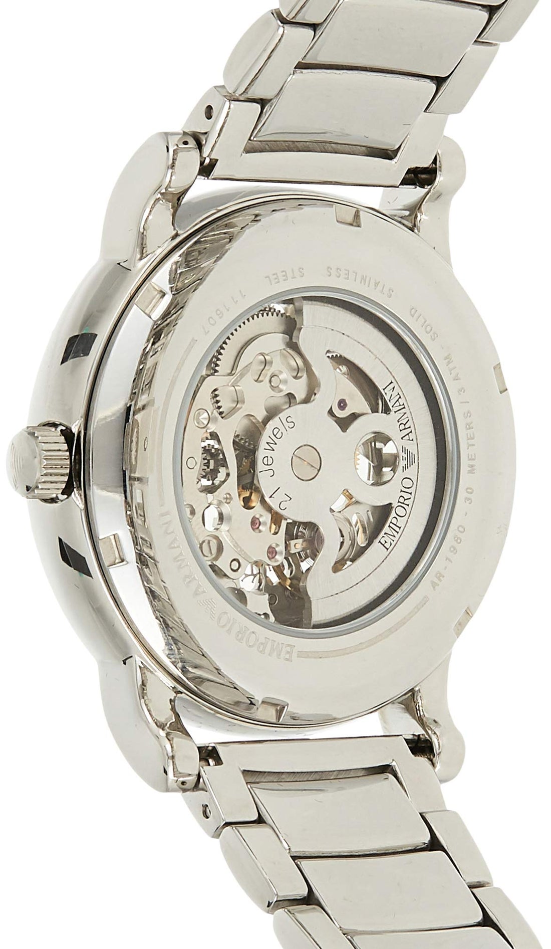 Emporio Armani Meccanico Skeleton Silver Dial Silver Steel Strap Watch For Men - AR1980