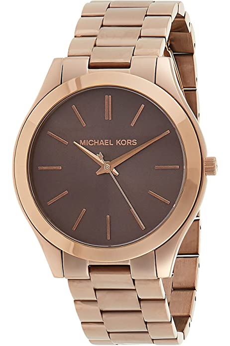 Michael Kors Slim Runway Brown Dial Rose Gold Stainless Steel Strap Watch for Women - MK3181