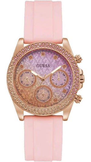 Guess Sparkling Chronograph Crystals Pink Dial Pink Silicone Strap Watch For Women - GW0032L4