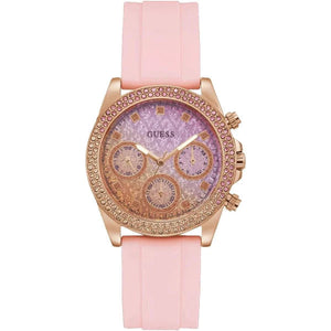 Guess Sparkling Chronograph Crystals Pink Dial Pink Silicone Strap Watch For Women - GW0032L4