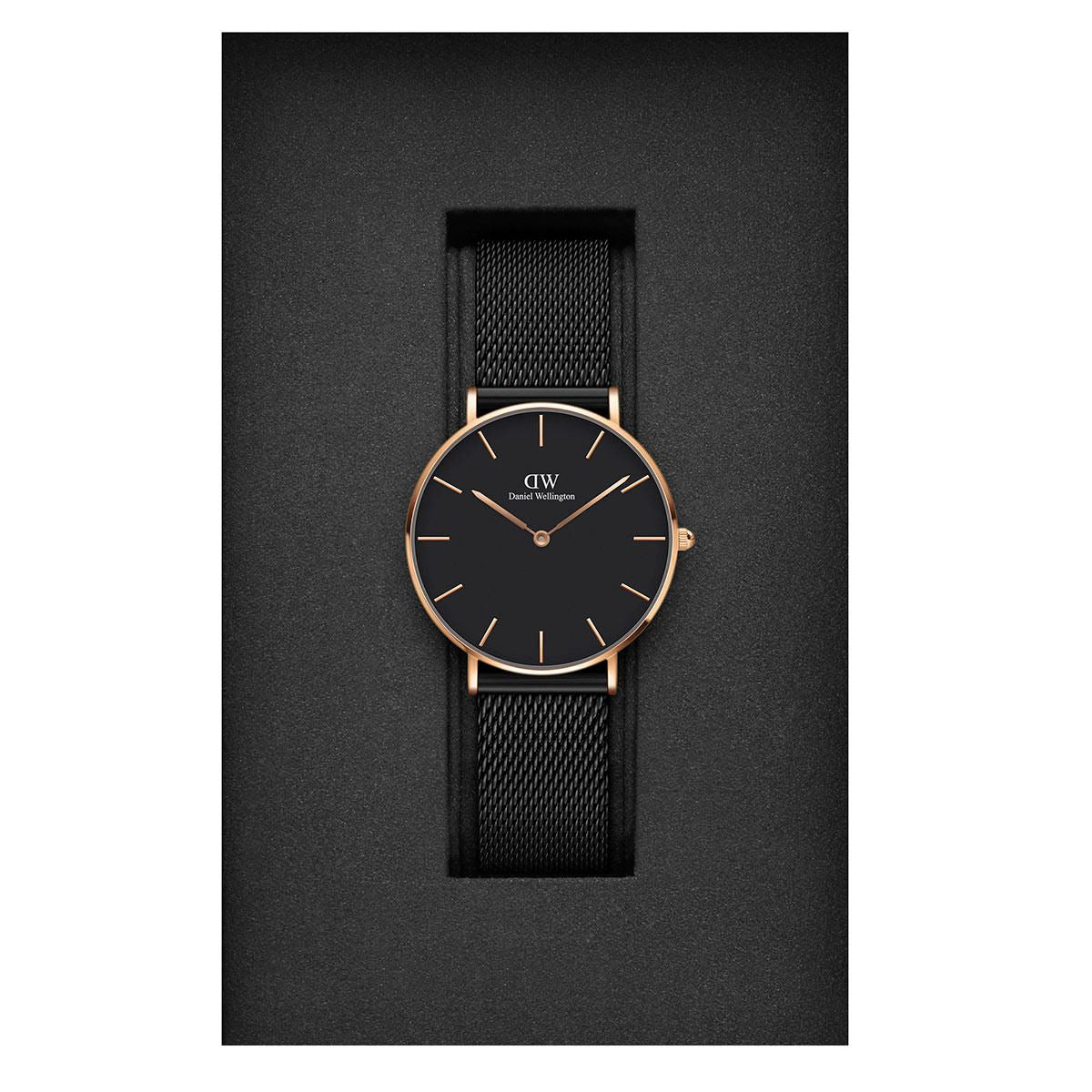 Daniel Wellington Petite Ashfield Black Dial Black Mesh Strap Watch for Women - DW00100307