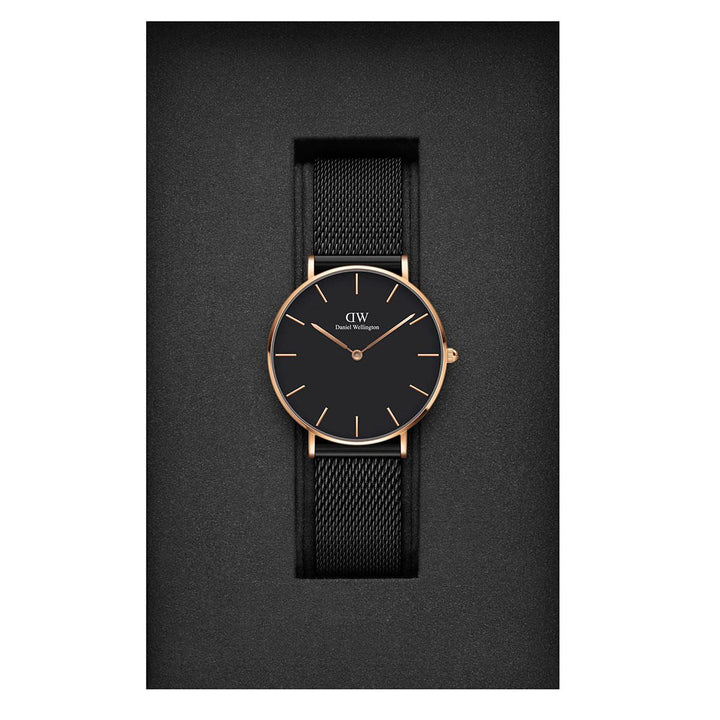 Daniel Wellington Petite Ashfield Black Dial Black Mesh Strap Watch for Women - DW00100307