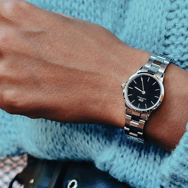 Daniel Wellington Iconic Link Black Dial Silver Steel Strap Watch For Women - DW00100208