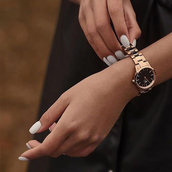 Daniel Wellington Iconic Link Black Dial Rose Gold Steel Strap Watch for Women - DW00100212