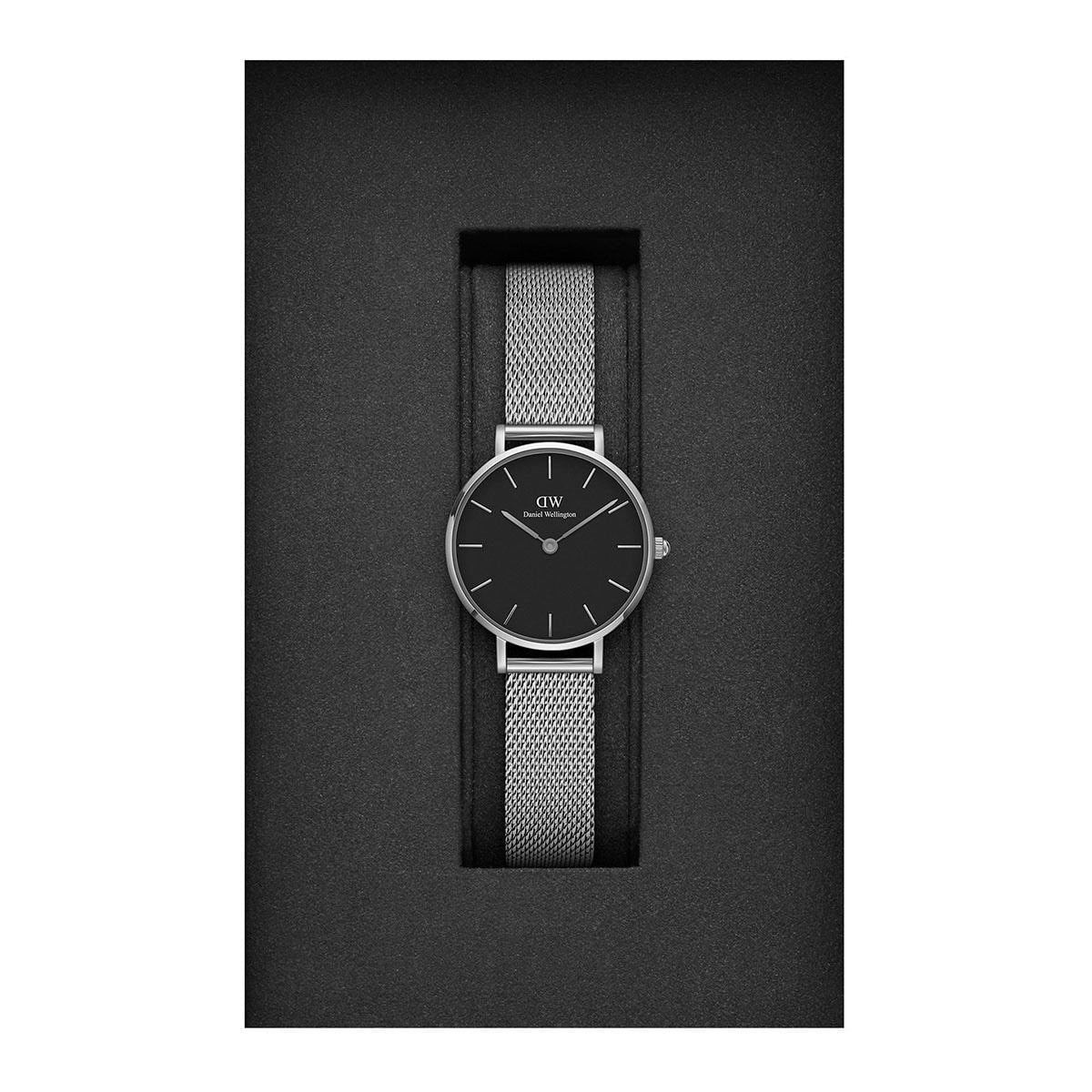 Daniel Wellington Petite Sterling Black Dial Silver Mesh Bracelet Watch For Women - DW00100218