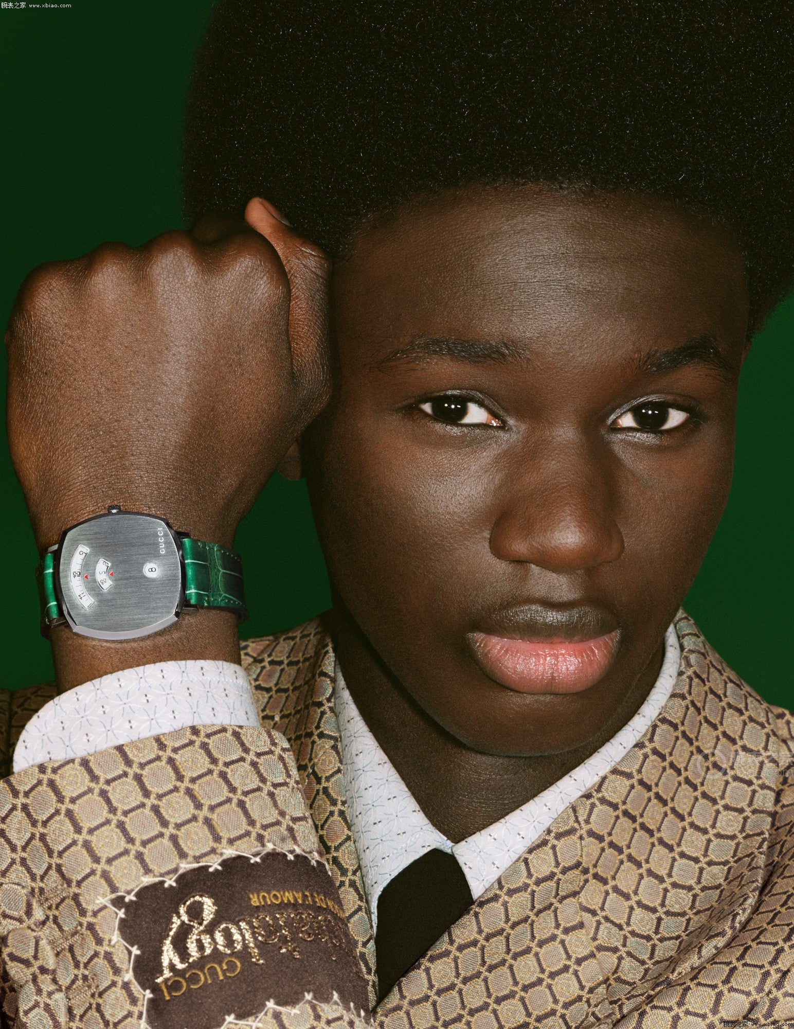 Gucci Grip Quartz Silver Dial Green Leather Strap Watch For Women - YA157404