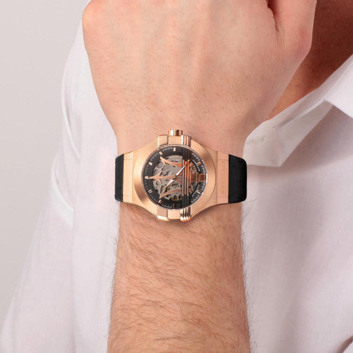 Maserati Potenza Automatic Skeleton Black Dial Black Leather Strap Watch For Men - R8821108039
