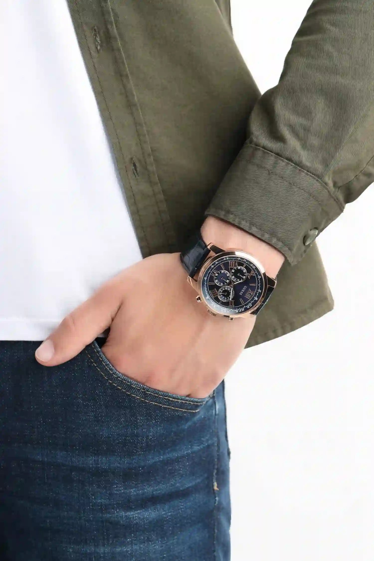 Guess Horizon Chronograph Blue Dial Blue Leather Strap Watch For Men - W0380G5