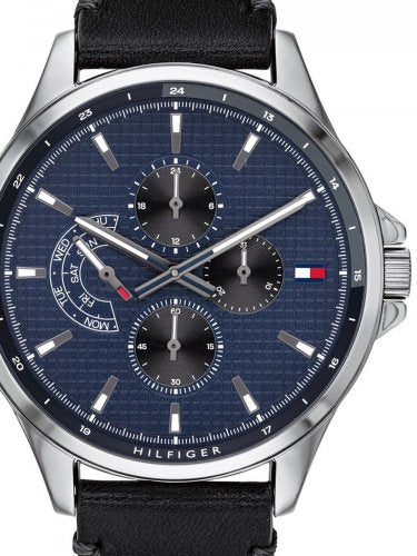 Tommy Hilfiger Shawn Multifunction Quartz Blue Dial Black Leather Strap Watch for Men - 1791616