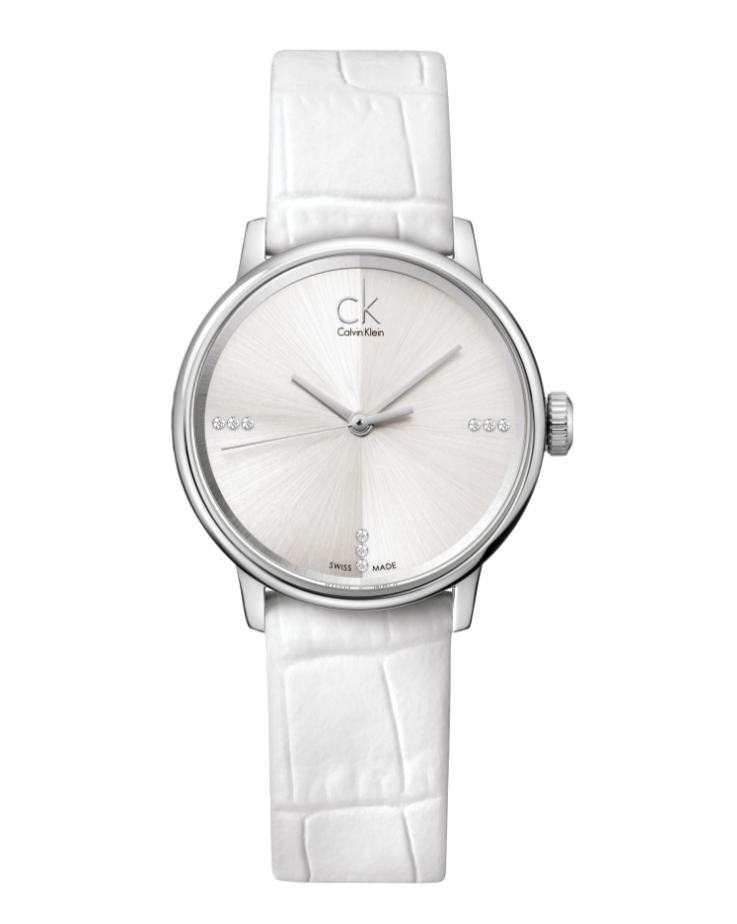 Calvin Klein Accent Silver Dial White Leather Strap Watch for Women - K2Y2Y1KW
