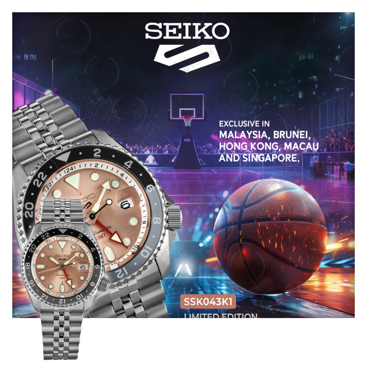 Seiko 5 Sports GMT Thong Sia Limited Edition Brown Dial Silver Steel Strap Watch for Men - SSK043K1