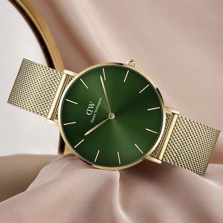 Daniel Wellington Petite Emerald Green Dial Gold Mesh Strap Watch For Women - DW00100480