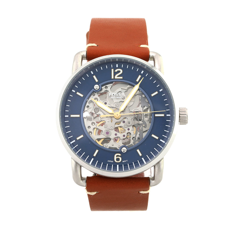 Fossil Commuter Automatic Skeleton Blue Dial Brown Leather Strap Watch for Men - ME3159