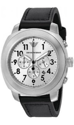 Emporio Armani Sportivo Chronograph Silver Dial Black Leather Strap Watch For Men - AR6054