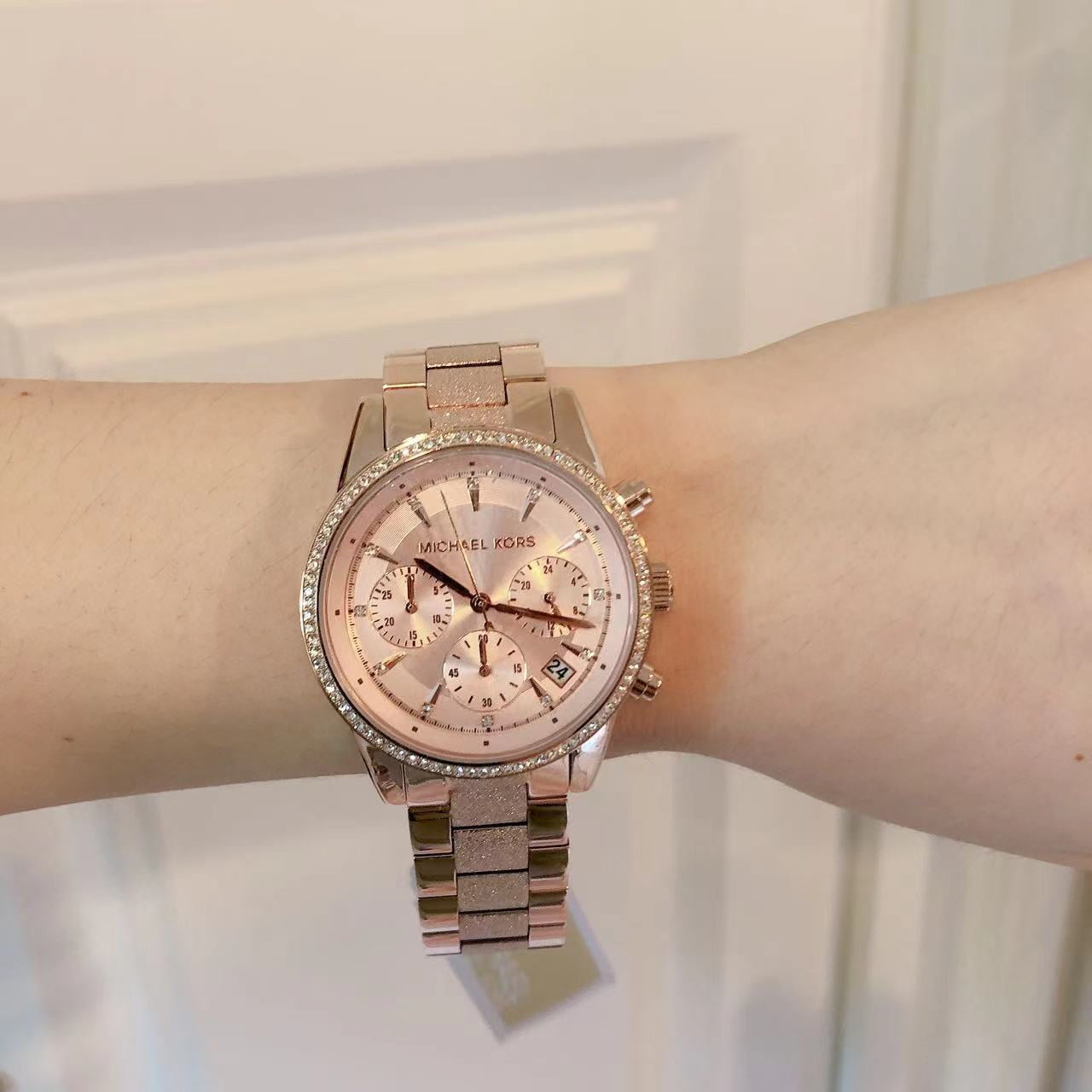 Michael Kors Ritz Chronograph Rose Gold Dial Rose Gold Steel Strap Watch For Women - MK6598