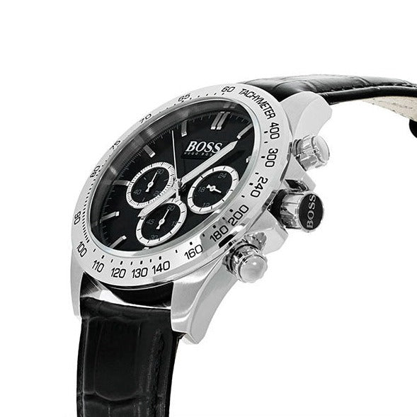 Hugo Boss Ikon Black Dial Black Leather Strap Watch for Men - 1513178