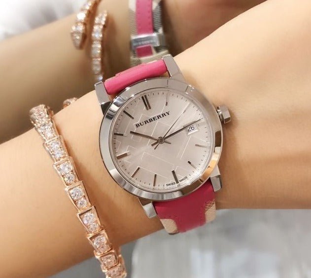 Burberry The City White Dial Haymarket Pink Leather Strap Watch for Women - BU9149