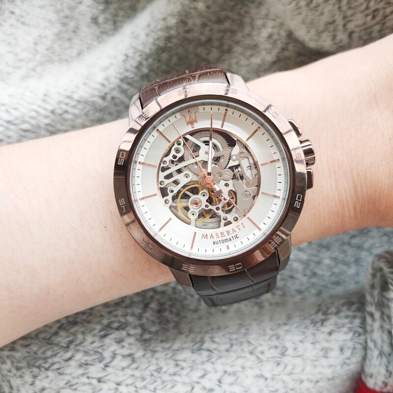 Maserati Ingegno Automatic White Skeleton Dial Brown Leather Strap Watch For Men - R8821119003