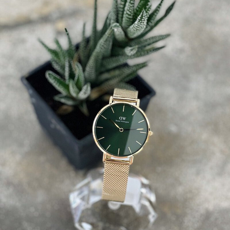 Daniel Wellington Petite Emerald Green Dial Gold Mesh Strap Watch For Women - DW00100480