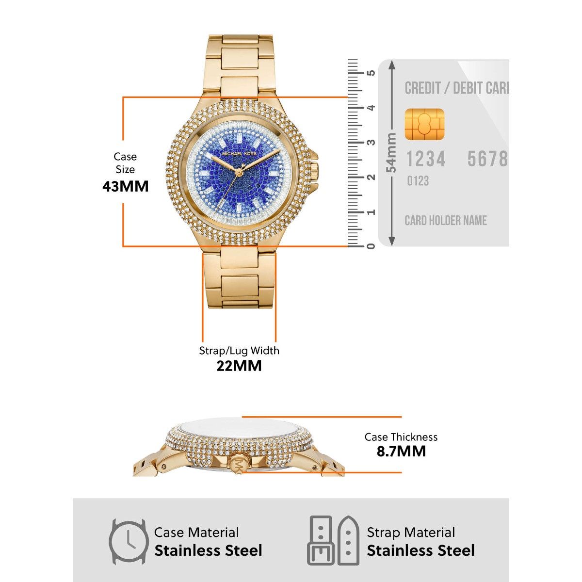 Michael Kors Camille Analog Blue Dial Gold Steel Strap Watch For Women - MK7341