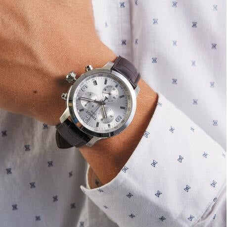 Tissot PRC 200 Chronograph Silver Dial Brown Leather Strap Watch For Men - T055.417.16.037.00