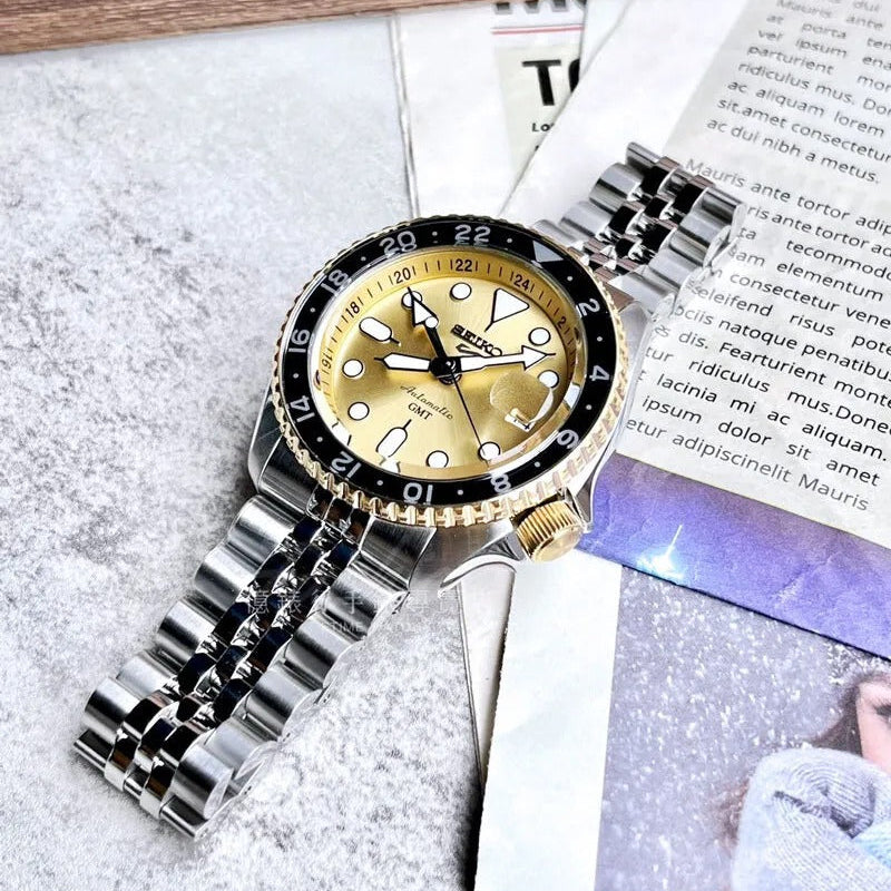 Seiko 5 Sports GMT Automatic 70th Anniversary Taiwan Limited Edition Gold Dial Silver Steel Strap Watch For Men - SSK044K1