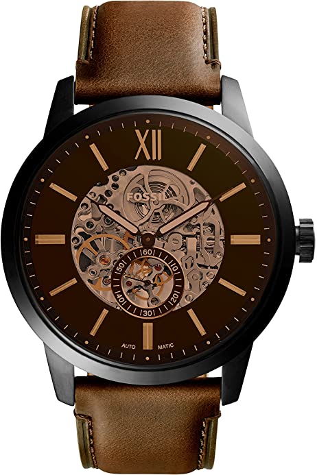 Fossil Townsman Automatic Skeleton Black Dial Brown Leather Strap Watch for Men - ME3181