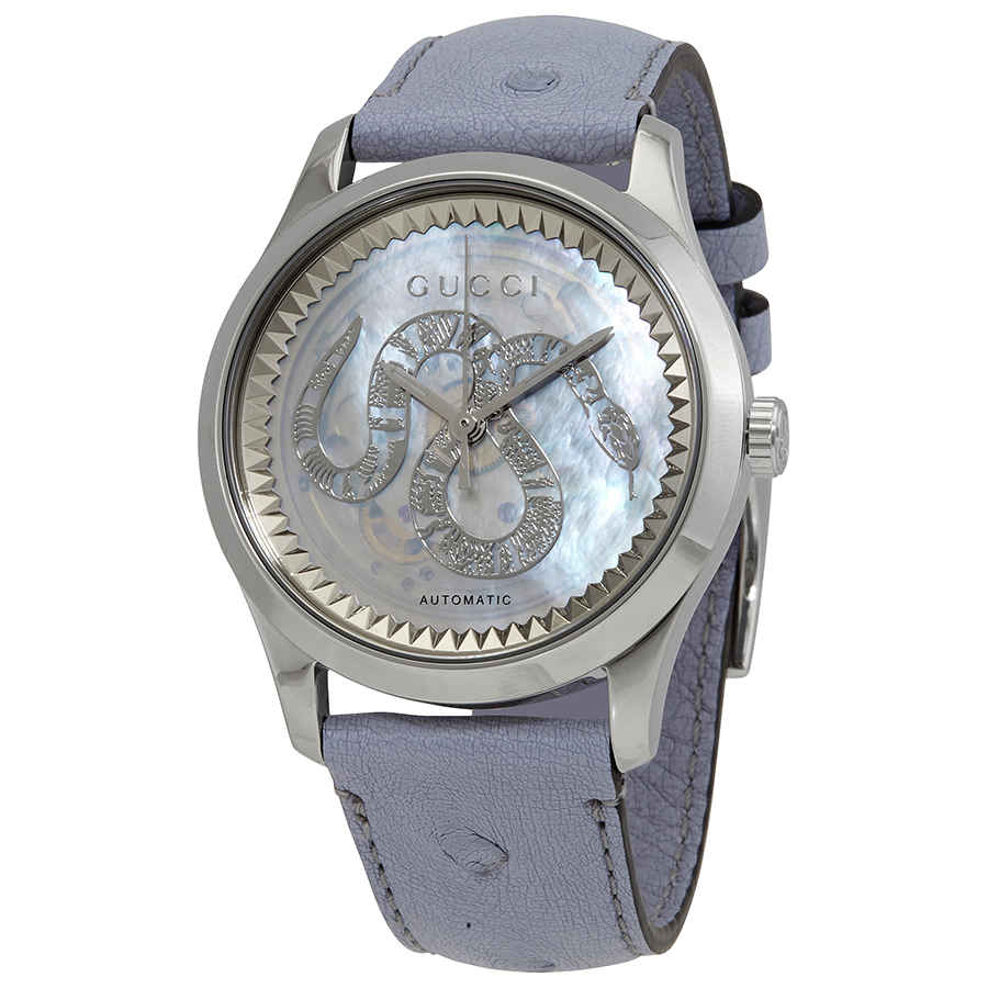 Gucci G Timeless Automatic Mother of Pearl Dial Blue Leather Strap Watch For Women - YA1264113