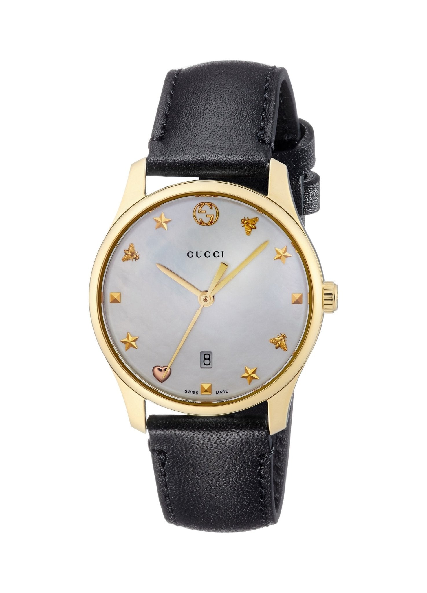 Gucci G-Timeless Mother of Pearl Dial Black Leather Strap Watch For Women - YA126589