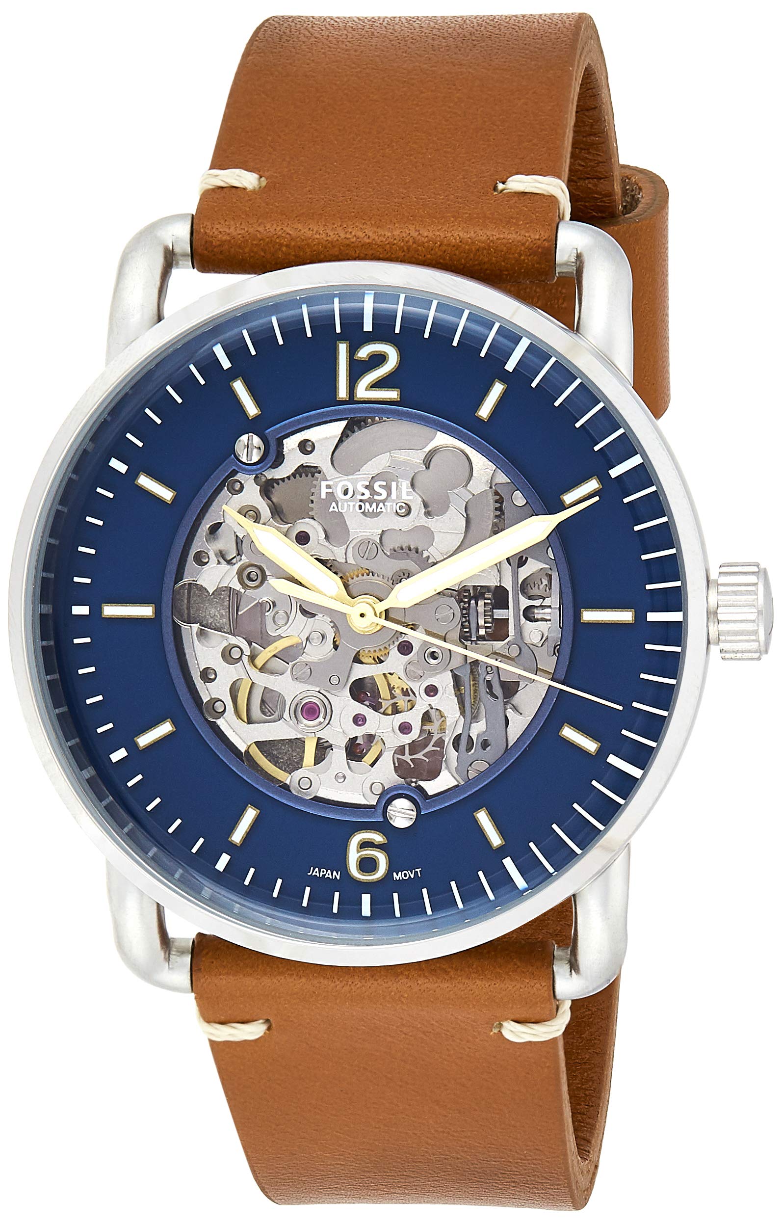 Fossil Commuter Automatic Skeleton Blue Dial Brown Leather Strap Watch for Men - ME3159