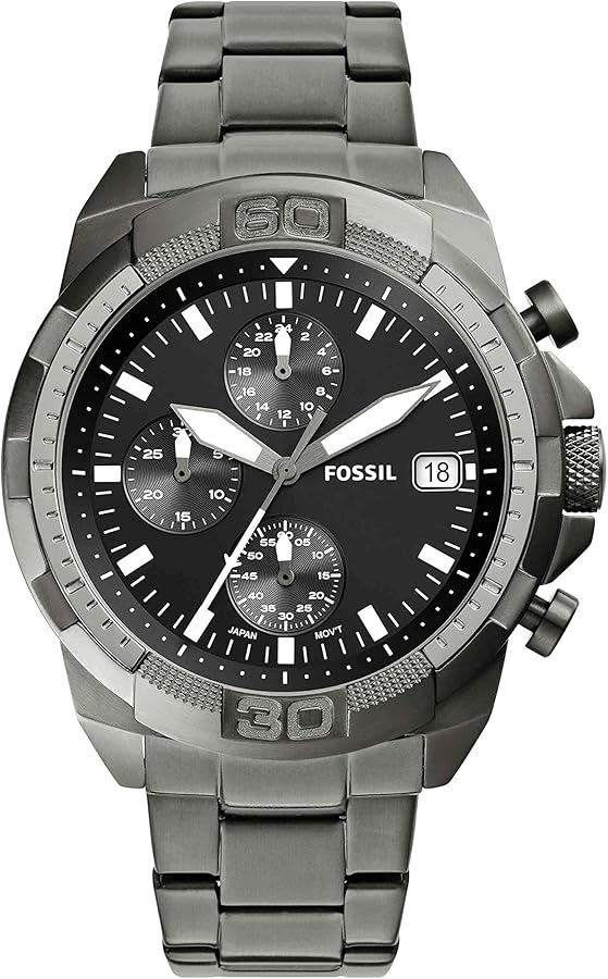 Fossil Bronson Chronograph Black Dial Grey Steel Strap Watch for Men - FS5852