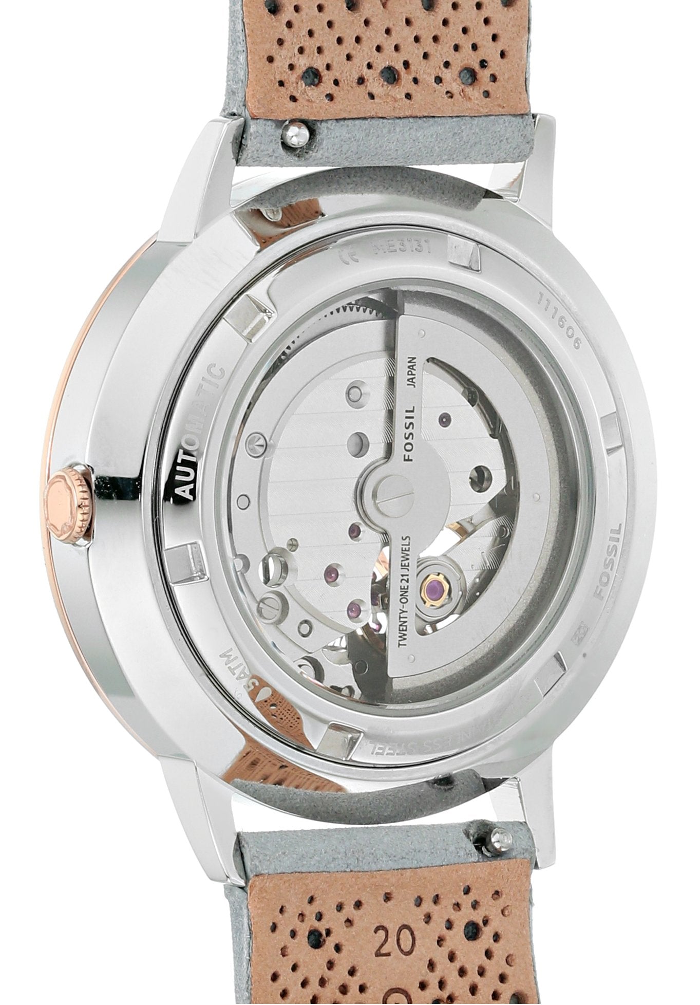 Fossil Vintage Muse Automatic Skeleton White Dial Grey Leather Strap Watch for Women - ME3131