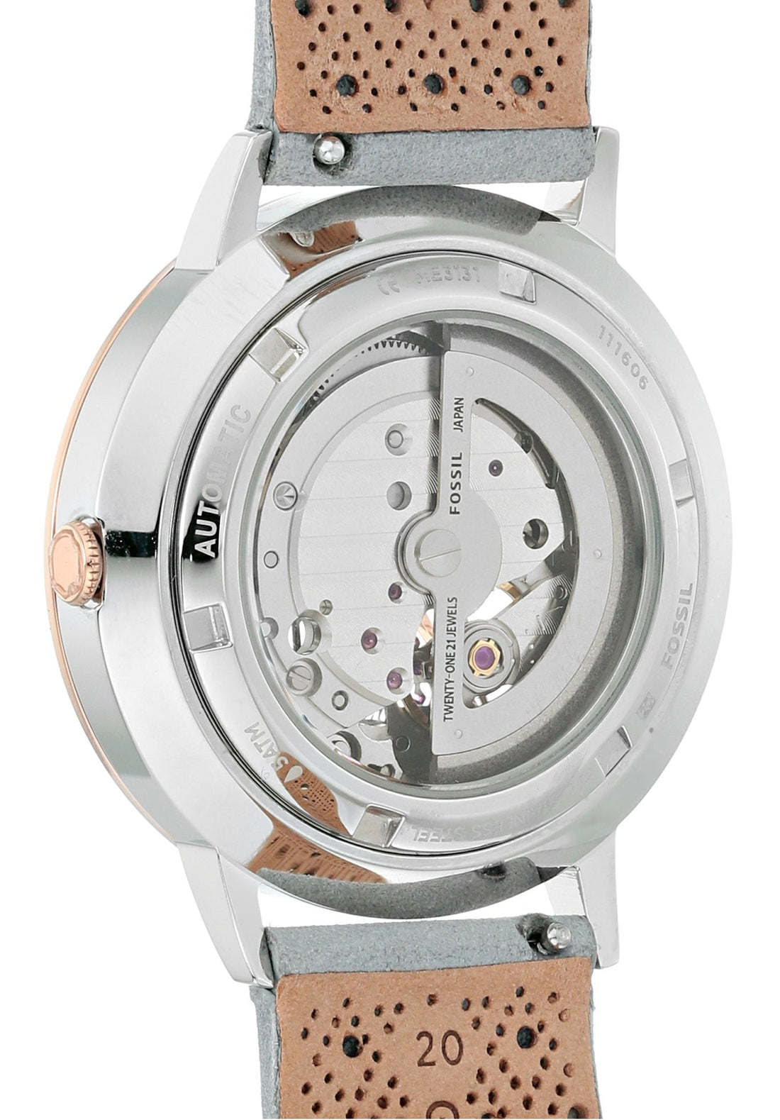 Fossil Vintage Muse Automatic Skeleton White Dial Grey Leather Strap Watch for Women - ME3131