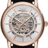 Emporio Armani Luigi Skeleton Silver Dial Black Leather Strap Watch For Men - AR60007