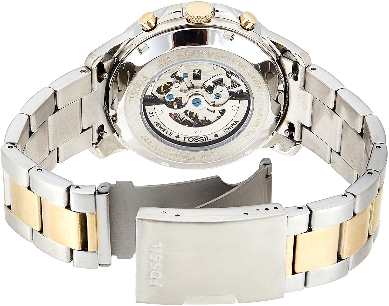 Fossil Grant Sport Automatic Skeleton Blue Dial Two Tone Steel Strap Watch for Men - ME3141