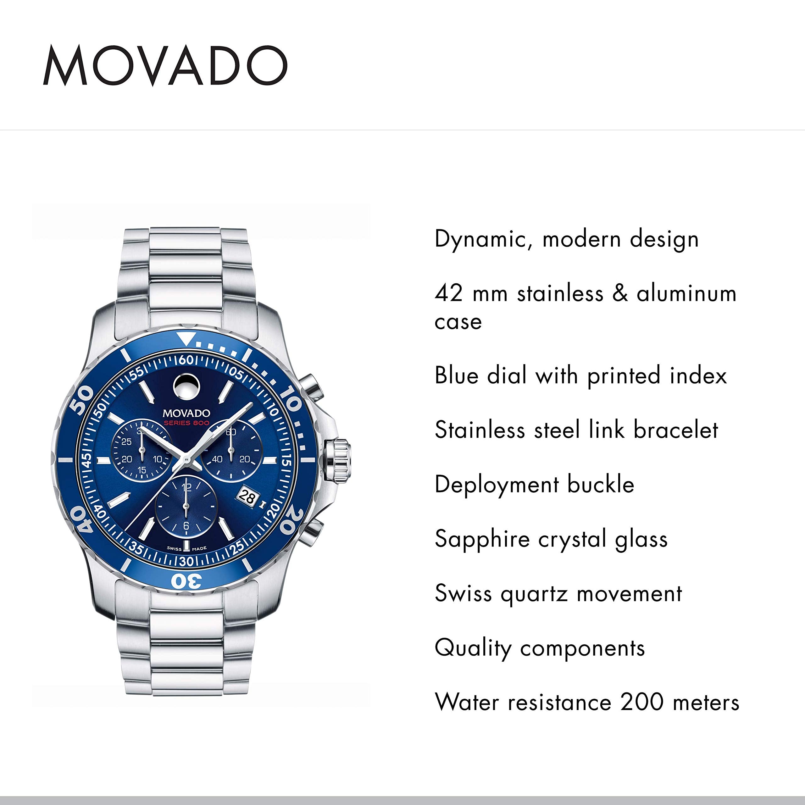 Movado Series 800 Chronograph Blue Dial Silver Steel Strap Watch For Men - 2600141