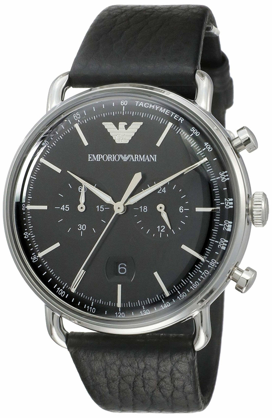 Emporio Armani Aviator Chronograph Black Dial Black Leather Strap Watch For Men - AR11143