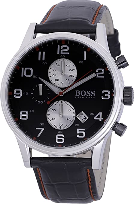 Hugo Boss Aeroliner Black Dial Black Leather Strap Watch for Men - 1512631